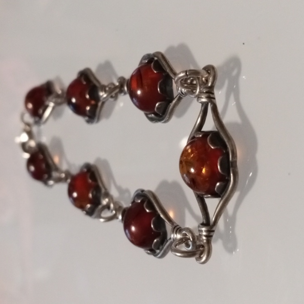 🌻Beautiful Victorian Genuine Sterling Silver & Baltic Amber Link Bracelet - Picture 5 of 12